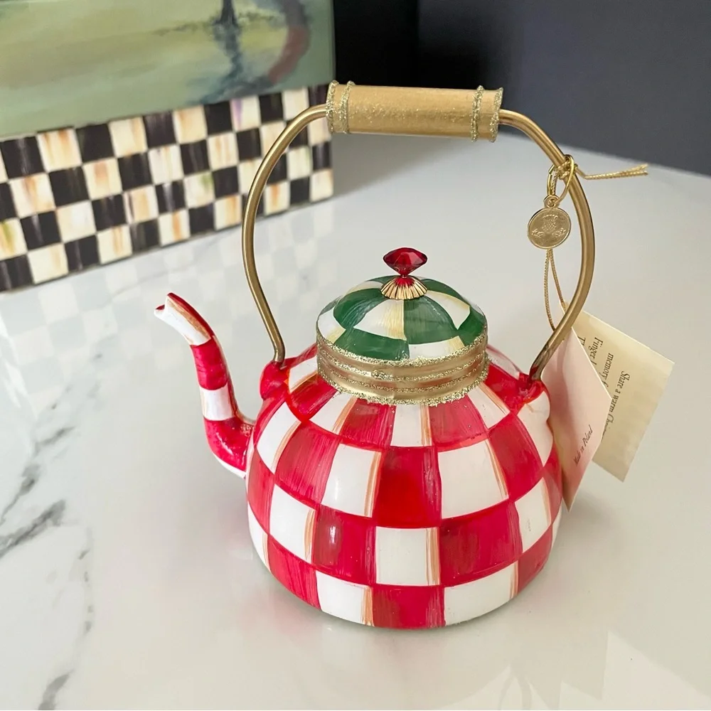 Red Check It Out Tea Kettle Ornament by Mackenzie Childs